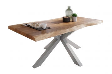 Esstisch Baumkante massiv Akazie natur 180 x 90 Spider-Gestell silber ATLAS