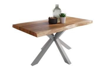 Esstisch Baumkante massiv Akazie natur 120 x 80 Spider-Gestell silber ATLAS