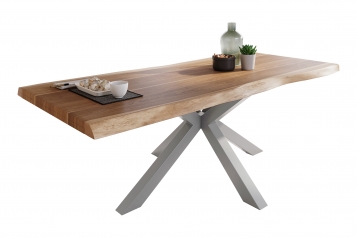 Esstisch Baumkante massiv Akazie natur 220 x 100 Spider-Gestell silber ATLAS