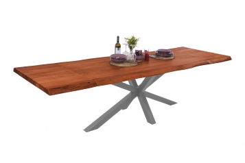 Esstisch Baumkante Akazie nuss 220 (320) x 100 Spider-Gestell silber mit Ansteckplatten CALI
