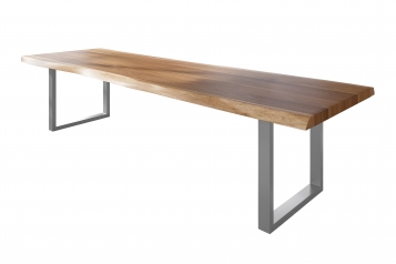 Esstisch Baumkante massiv Akazie natur 300 x 110 U-Gestell Metall silber TITAN