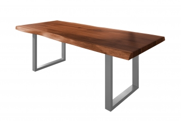 Esstisch Baumkante massiv Akazie nussbaumfarben 240 x 120 U-Gestell Metall silber TITAN