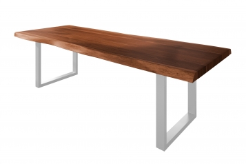 Esstisch Baumkante massiv Akazie nussbaumfarben 260 x 120 U-Gestell Metall silber TITAN