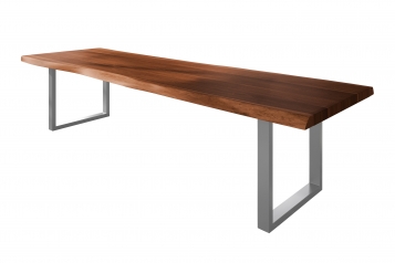 Esstisch Baumkante massiv Akazie nussbaumfarben 300 x 120 U-Gestell Metall silber TITAN