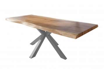 Esstisch Baumkante massiv Akazie natur 240 x 120 Spider-Gestell Metall silber TITAN