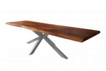 Esstisch Baumkante massiv Akazie nussbaumfarben 300 x 120 Spider-Gestell Metall silber TITAN