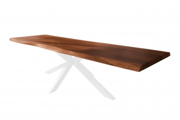 Esstisch Baumkante massiv Akazie nussbaumfarben 300 x 120 Spider-Gestell Metall weiß TITAN