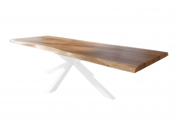Esstisch Baumkante massiv Akazie natur 350 x 120 Spider-Gestell Metall weiß TITAN