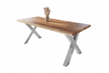 Esstisch Baumkante massiv Mango rough 220 x 100 X-Gestell silber ATLAS