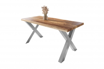 Esstisch Baumkante massiv Mango rough 180 x 90 X-Gestell silber ATLAS