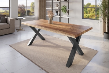 Esstisch Baumkante massiv Mango rough 240 x 100 X-Gestell schwarz ATLAS