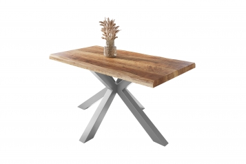 Esstisch Baumkante massiv Mango rough 140 x 80 Spider-Gestell silber ATLAS