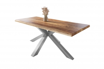 Esstisch Baumkante massiv Mango rough 200 x 100 Spider-Gestell silber ATLAS