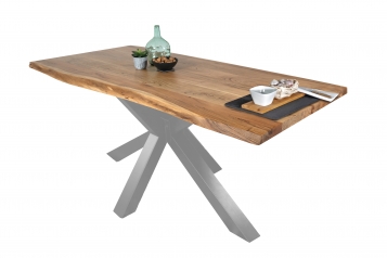 Esstisch Baumkante massiv Akazie Natur 180 x 90 Spider-Gestell silber TIM