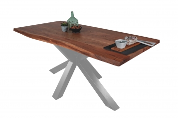 Esstisch Baumkante massiv Akazie Nussbaum 160 x 85 Spider-Gestell silber TIM