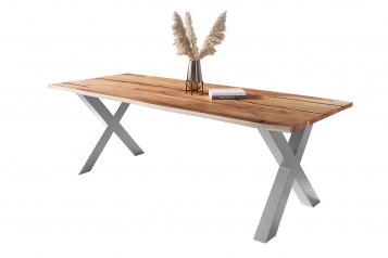Baumkantentisch Akazie mit schwarzen Resin-Adern naturfarben 300 x 100 cm X-Gestell silber POLLY