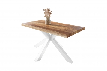 Esstisch Baumkante massiv Mango rough 160 x 85 Spider-Gestell weiß ATLAS