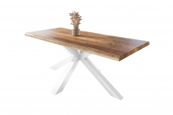 Esstisch Baumkante massiv Mango rough 180 x 90 Spider-Gestell weiß ATLAS