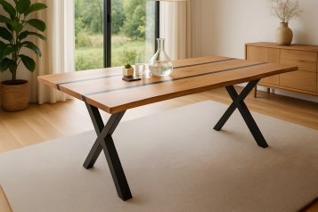Esstisch 240 x 100 cm Akazie massiv natur mit schwarzen Resin-Adern X-Gestell schwarz PETER
