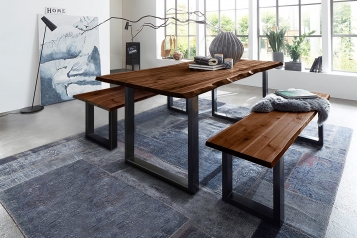 Essgruppe 220 cm Akazie nussbaumfarben U-Gestell schwarz mit 2 Bänken QUINN