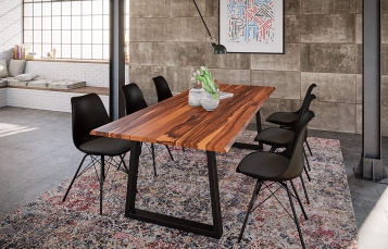 Essgruppe 180 cm Akazie cognacfarben V-Gestell schwarz mit 6 Stühlen VIENNA
