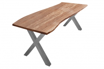  Esstisch Baumkante massiv Akazie natur 220 x 100 X-Gestell silber XANTEN
