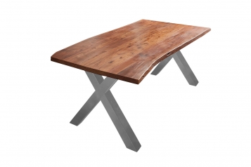  Esstisch Baumkante massiv Akazie nuss 160 x 85 X-Gestell silber XANTEN