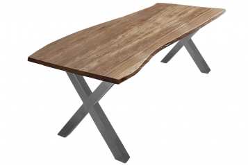  Esstisch Baumkante massiv Akazie natur 260 x 100 X-Gestell silber XAVER