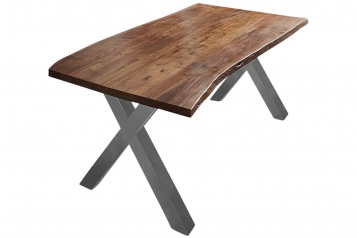  Esstisch Baumkante massiv Akazie nussbaum 200 x 100 X-Gestell silber XAVER