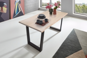 SAM® Esstisch Baumkante massiv Akazie grau & sandgestrahlt 180x90 schwarz GRACE