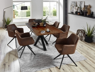 Essgruppe 120 cm Akazie nussbaumfarben Spider-Gestell schwarz mit 6 Stühlen QUINCY