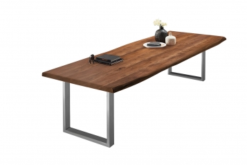  Esstisch Baumkante massiv Akazie nussbaumfarben 260 x 110 silber VALIN