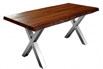  Esstisch Baumkante massiv Akazie nussbaumfarben 300 x 100 silber X-Gestell XEREZ