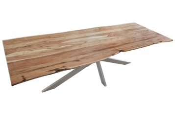 Esstisch Baumkante massiv Akazie natur 240 x 100 cm Spider-Gestell silber Kalea