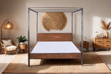 Himmelbett 180x200 cm Akazienholzbett nougat inkl. Eisenhimmel und Vorhang ROMY