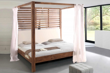 Himmelbett 180 x 200 cm Akazienholzbett stone inkl. Vorhang Syri
