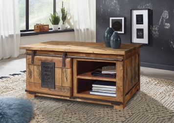 Couchtisch 110 x 45 x 70 cm Mangoholz massiv gewachst Holzschiebetür und Fächern NORIK