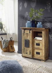Sideboard Kommode 75 x 90 x 36 Mangoholz massiv mit Holzschiebetür + Schubladen NORIK