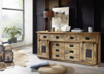 Sideboard Kommode 200 x 90 x 45 Mangoholz massiv mit Holzschiebetür + Schubladen NORIK