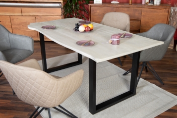 Esstisch Baumkante massiv Akazie grau & sandgestrahlt 160x85 U-Form schwarz GRACE