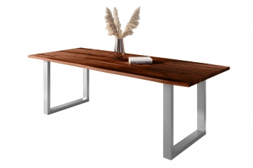 Baumkantentisch Akazie mit schwarzn Resin-Adern nussbaumfarben 280 x 100 cm U-Gestell silber POLLY