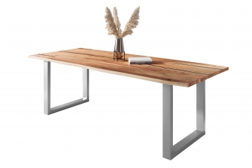Baumkantentisch Akazie mit schwarzen Resin-Adern naturfarben 300 x 100 cm U-Gestell silber POLLY