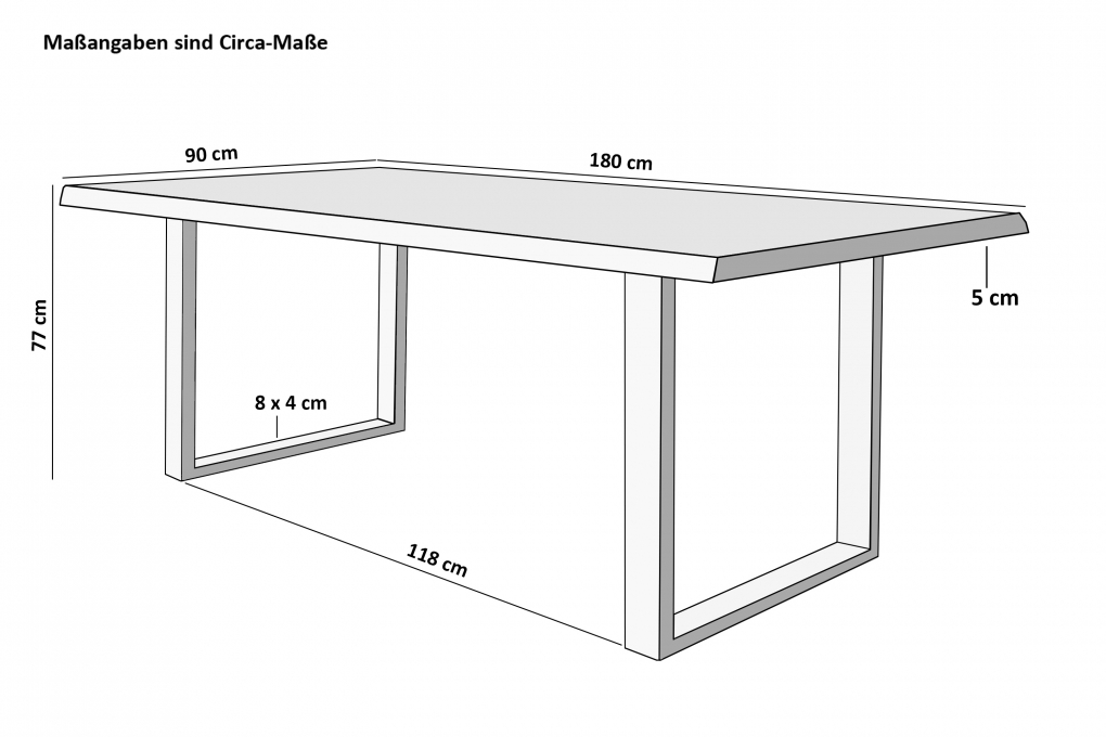 Esstisch Baumkante massiv Akazie Natur 180 x 90 U-Gestell silber CALI itemprop=