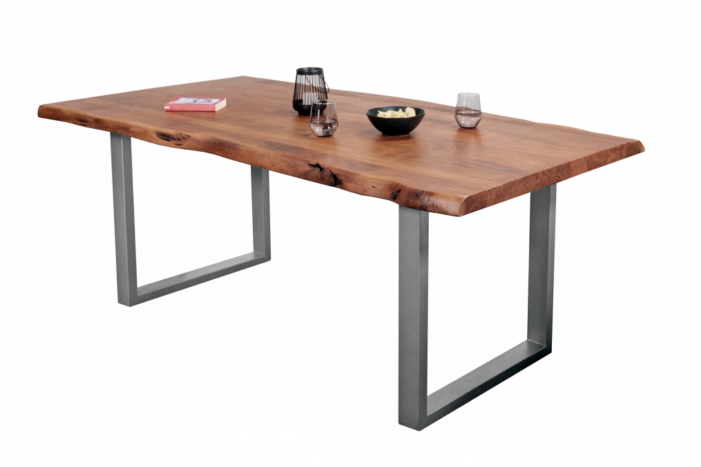 Esstisch Baumkante massiv Akazie Nussbaum 280 x 100 U-Gestell silber CALI itemprop=