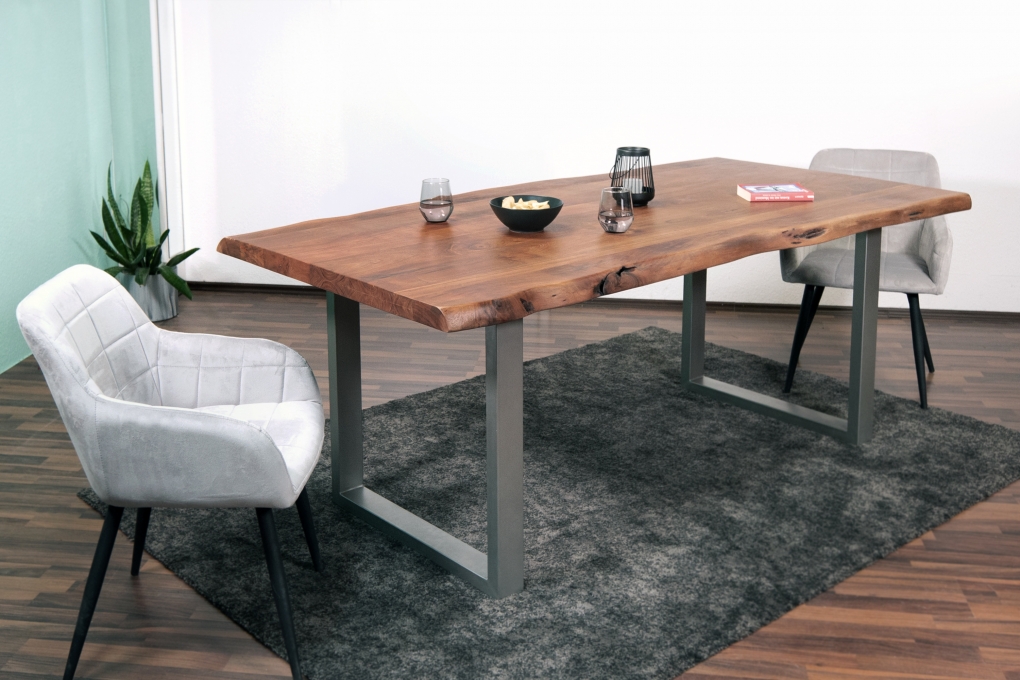 Esstisch Baumkante massiv Akazie Nussbaum 280 x 100 U-Gestell silber CALI itemprop=