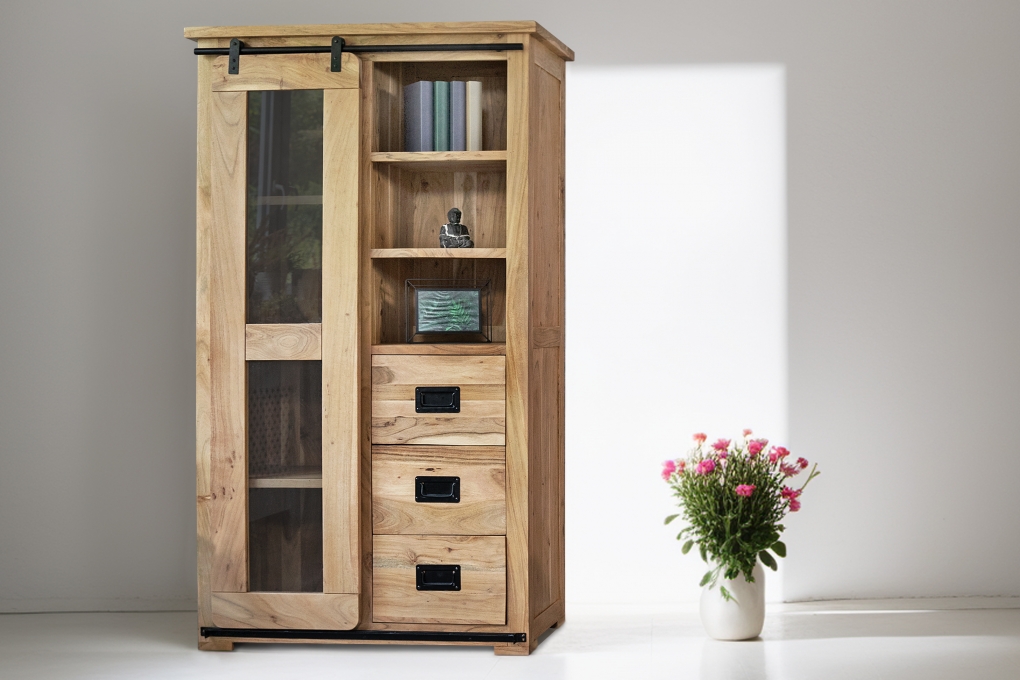 Highboard Vitrine 100 x 175 x 45 cm Akazienholz massiv naturfarben LIBRO itemprop=