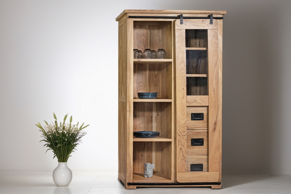 Highboard Vitrine 100 x 175 x 45 cm Akazienholz massiv naturfarben LIBRO itemprop=