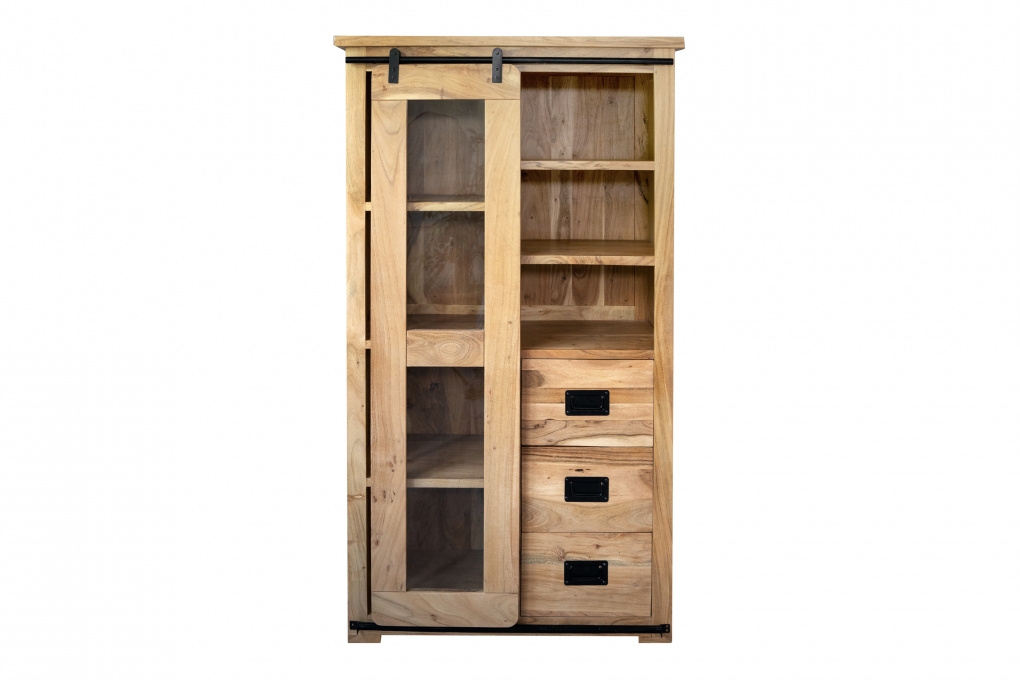 Highboard Vitrine 100 x 175 x 45 cm Akazienholz massiv naturfarben LIBRO itemprop=