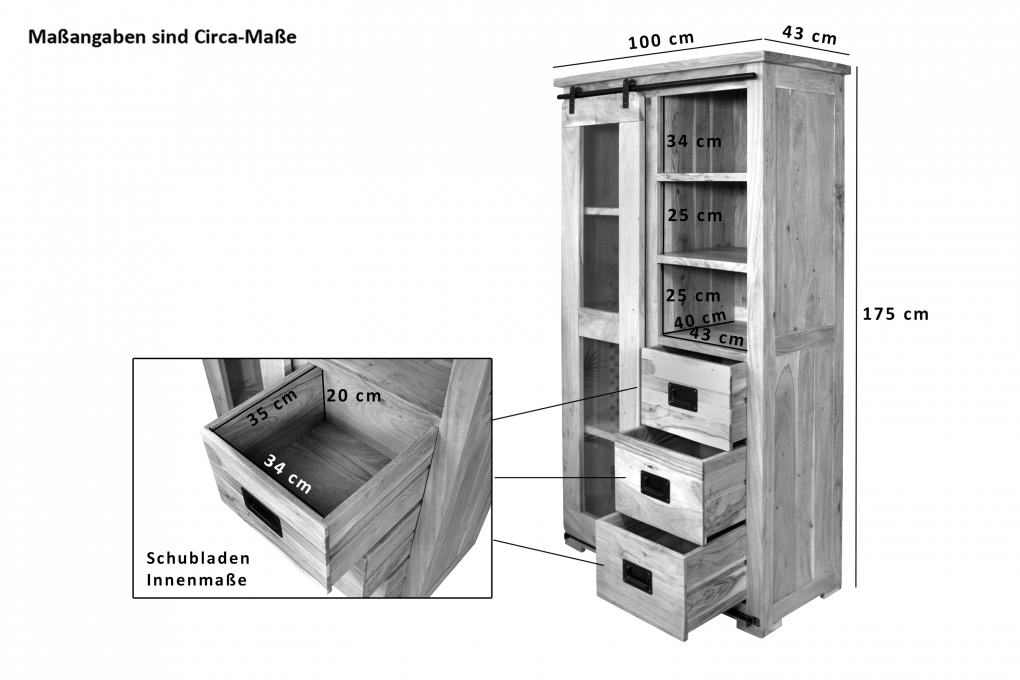 Highboard Vitrine 100 x 175 x 45 cm Akazienholz massiv naturfarben LIBRO itemprop=