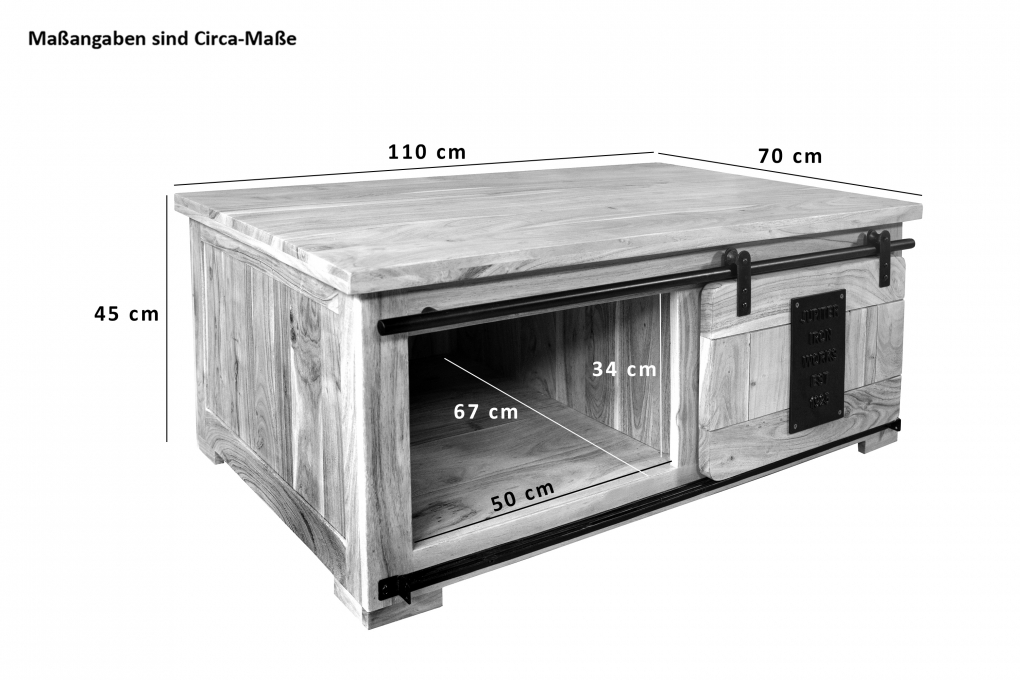 Couchtisch mit Schiebetür und 3 Fächern Mango massiv vielfarbig 110 x 45 x 70 cm LIBRO itemprop=